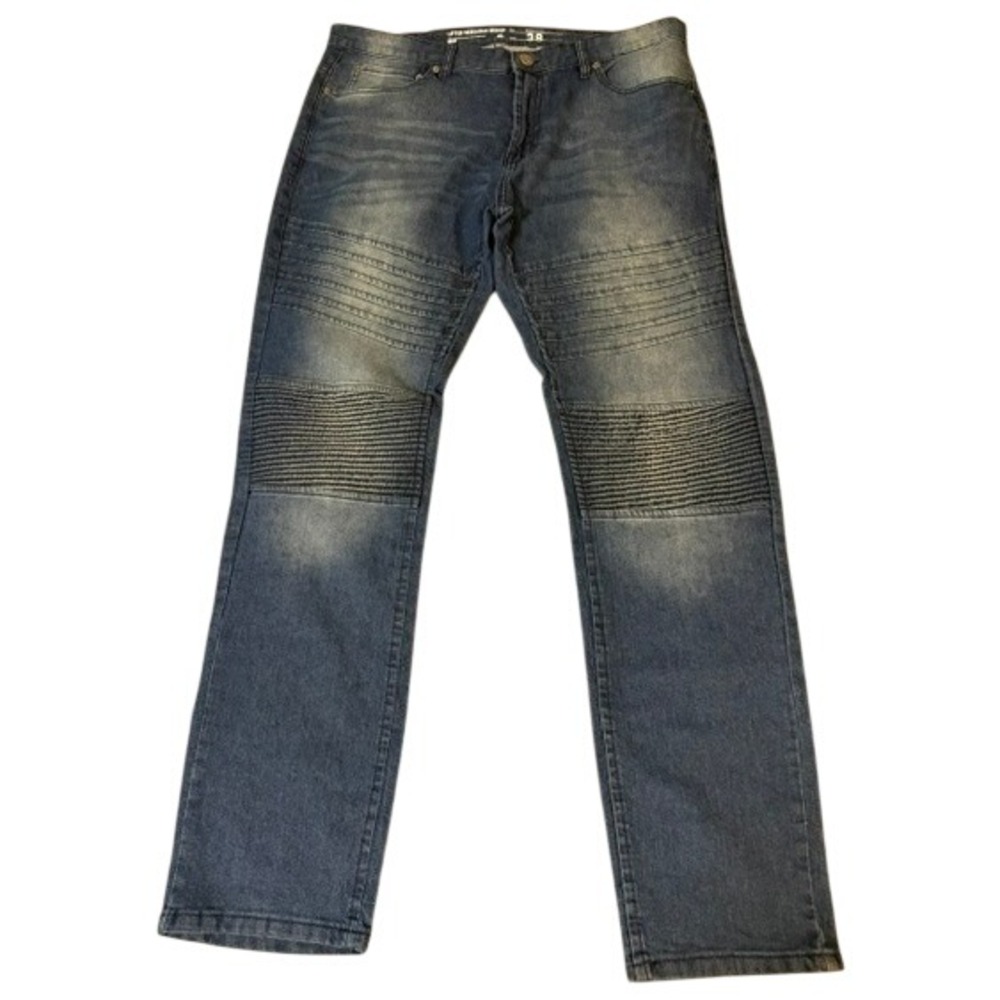 LRG Lifted Research Group Moto Biker Jeans Mens 38 Blue Skinny Fit Ribbed Knee
